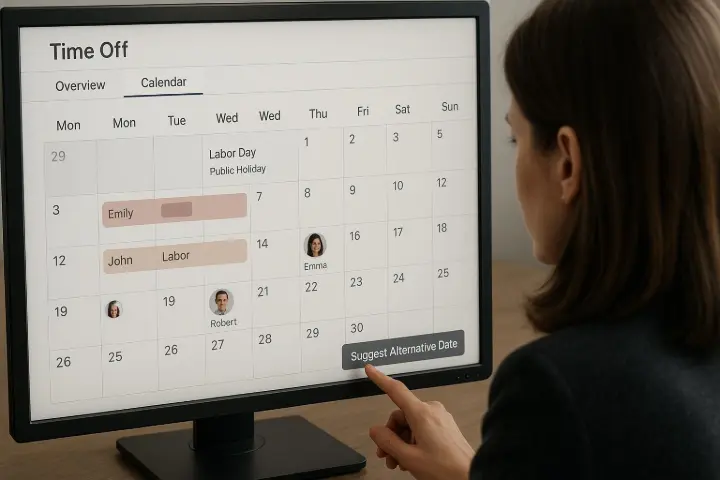 Redesigned Time Off Module View and manage leave requests more intuitively. See availability, overlap, and public holidays at a glance. Imagine a shift planner in a tool manufacturing company balances overlapping annual leave during a peak production week, using smart suggestions. Redesigned Time Off Module View and manage leave requests more intuitively. See availability, overlap, and public holidays at a glance. Imagine a shift planner in a tool manufacturing company balances overlapping annual leave during a peak production week, using smart suggestions.