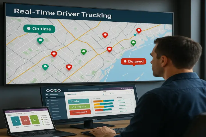3. Real-Time Driver Tracking View every vehicle on a live map and track delivery statuses from inside your Odoo dashboard. This end-to-end visibility helps customer service respond faster and improves OTIF (On-Time, In-Full) performance. Live fleet tracking provides instant visibility and improves operational control. Imagine a Metal Fabricator in Maryborough struggled to answer urgent client queries on delivery ETA. Now, their team monitors every delivery live inside Odoo. A recent critical order for a mining project was rerouted in real time after a road closure, arriving ahead of deadline. 3. Real-Time Driver Tracking View every vehicle on a live map and track delivery statuses from inside your Odoo dashboard. This end-to-end visibility helps customer service respond faster and improves OTIF (On-Time, In-Full) performance. Live fleet tracking provides instant visibility and improves operational control. Imagine a Metal Fabricator in Maryborough struggled to answer urgent client queries on delivery ETA. Now, their team monitors every delivery live inside Odoo. A recent critical order for a mining project was rerouted in real time after a road closure, arriving ahead of deadline.
