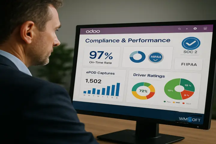 6. Compliance & Performance Dashboards With SOC 2 Type II certification and HIPAA compliance, Track-POD meets the highest data security standards. Add custom WMSSoft dashboards in Odoo to monitor driver performance, delivery accuracy, and fleet utilisation. Track performance KPIs and meet compliance standards with secure, visual dashboards. Regional Freight Group needed to meet stringent delivery KPIs for a major government contract. With WMSSoft’s customised dashboard in Odoo, they now track on-time rates, driver scores, and ePOD captures daily—helping retain the contract and gain ISO compliance. 6. Compliance & Performance Dashboards With SOC 2 Type II certification and HIPAA compliance, Track-POD meets the highest data security standards. Add custom WMSSoft dashboards in Odoo to monitor driver performance, delivery accuracy, and fleet utilisation. Track performance KPIs and meet compliance standards with secure, visual dashboards. Regional Freight Group needed to meet stringent delivery KPIs for a major government contract. With WMSSoft’s customised dashboard in Odoo, they now track on-time rates, driver scores, and ePOD captures daily—helping retain the contract and gain ISO compliance.