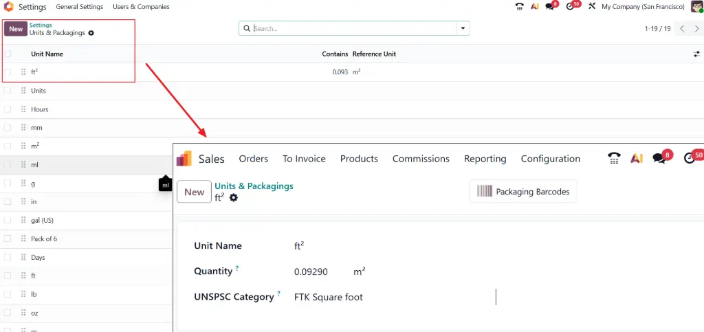 Odoo product form showing simplified packaging and unit of measure setup
