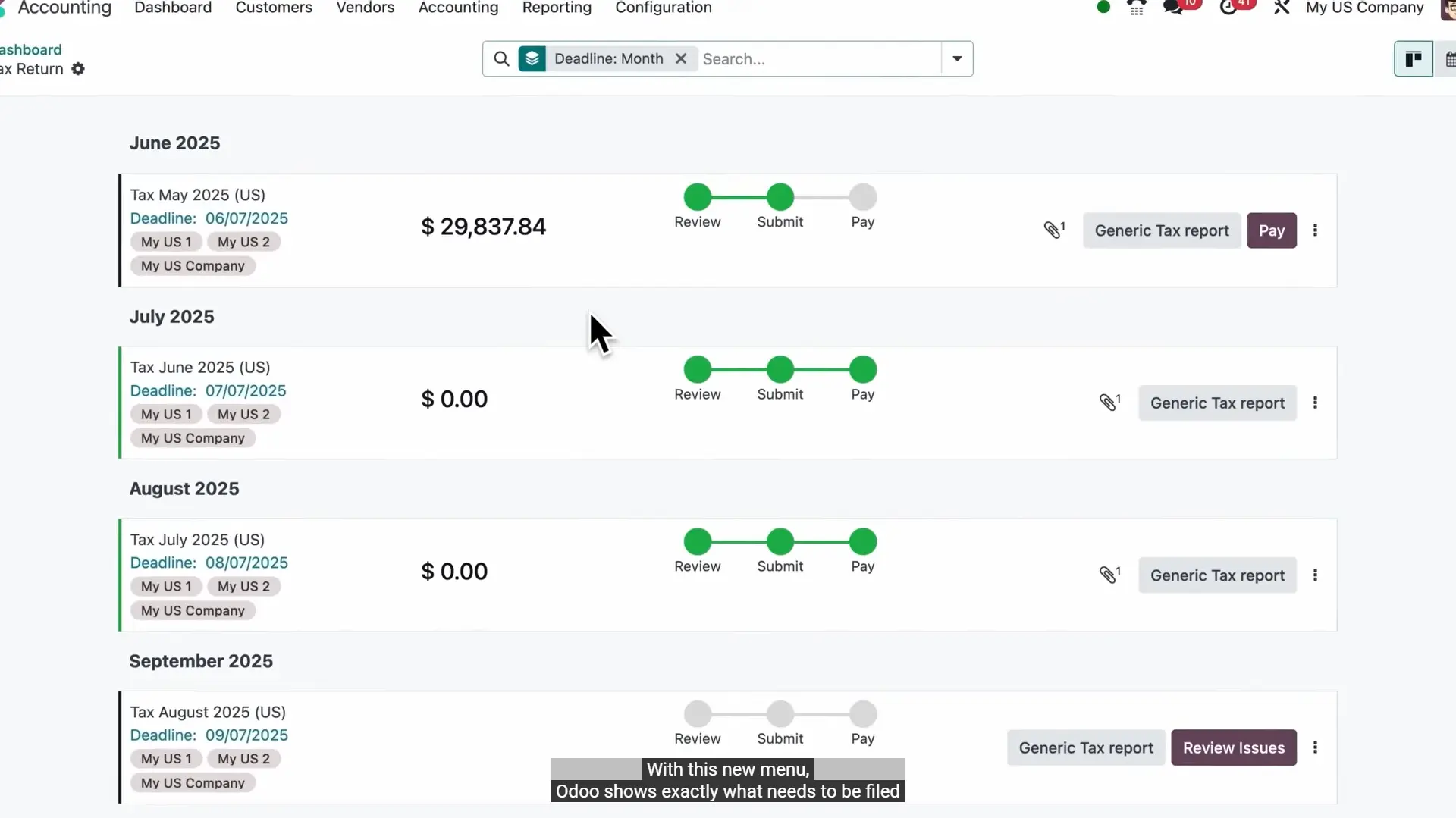 Odoo screen showing the new tax return feature